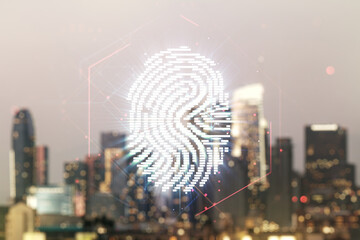 Leinwandbilder - Multi exposure of virtual creative fingerprint hologram on blurry cityscape background, personal biometric data concept