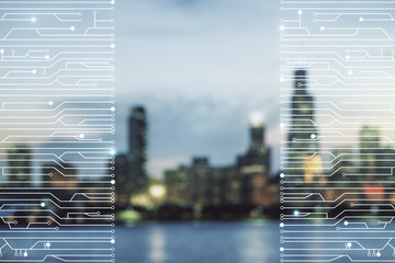Poster - Abstract virtual microscheme illustration on blurry skyline background. Big data and database concept. Multiexposure