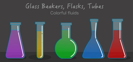 Flasks, tubes, beakers, glassware types. Transparent colorful glass, lab liquids, red, green, yellow, purple, blue solutions in bottles. Long, short, oval, chubby, thin. Dark back. Illustration Vector