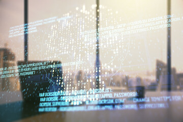 Aufkleber - Creative code skull sketch and modern desk with computer on background, theft of personal data and malware concept. Multiexposure