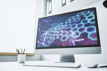 Poster - Modern computer monitor with technology hologram with hexagon. Research and development software concept. 3D Rendering
