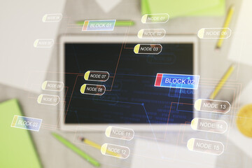 Aufkleber - Multi exposure of abstract software development hologram and digital tablet on background, top view, research and analytics concept