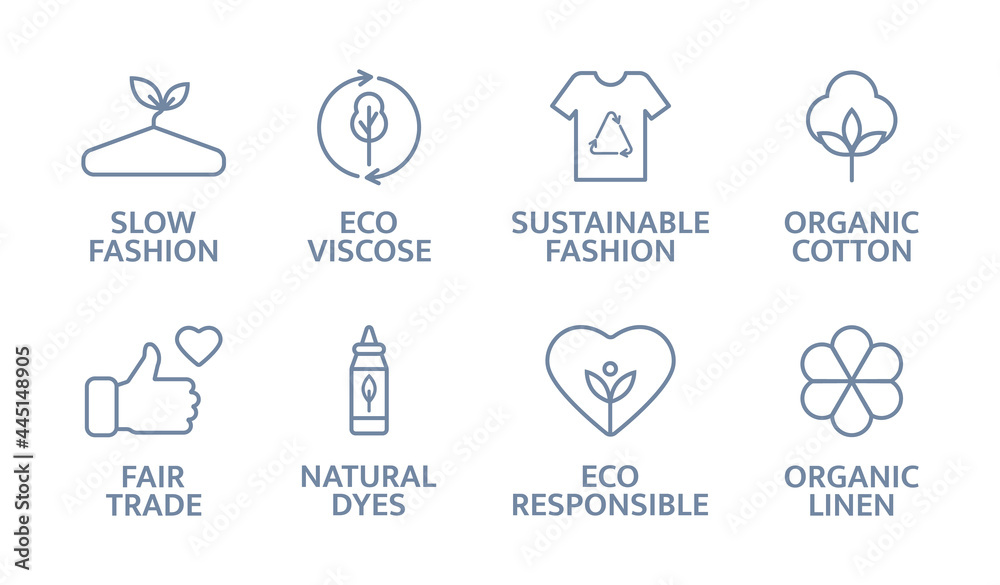 Stockvector Sustainable clothes line icon set. Slow fashion logo. Eco  viscose product badge. Organic cotton, natural dyes, renewable crops label. Fair  trade. Conscious development. Vector illustration | Adobe Stock