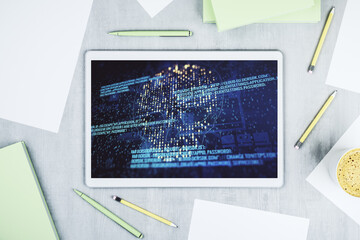 Aufkleber - Top view of modern digital tablet monitor with creative code skull hologram. Malware and cyber crime concept. 3D Rendering