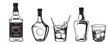 alcohol bottles drinks engraving vector set. Vodka, whiskey and cognac. Isolated black and white vintage style .