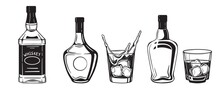 Alcohol Bottles Drinks Engraving Vector Set. Vodka, Whiskey And Cognac. Isolated Black And White Vintage Style .