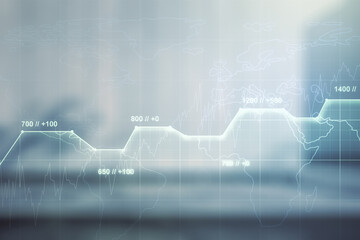 Poster - Multi exposure of creative statistics data hologram on modern business center exterior background, stats and analytics concept