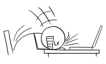 Businessman Or Worker Banging Head Against The Office Desk , Vector Cartoon Stick Figure Illustration