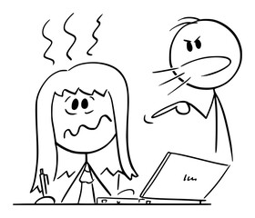 Poster - Woman Working at Home Office or Worker Typing on Computer, Husband or Boss is Yelling, Vector Cartoon Stick Figure Illustration