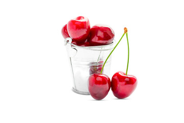 Wall Mural - cherry bucket on white background, summer berries isolate