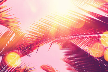 Wall Mural - tropical palm tree with sun light on sunset sky and cloud abstract background.