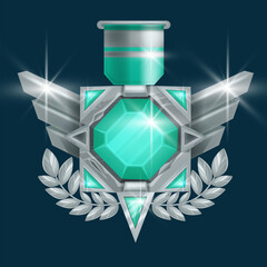 Wall Mural - Game winner badge vector icon, UI rank award medal, silver trophy achievement, wings, green gemstone. Level up champion prize, congratulation reward illustration. Game badge crystal emerald diamond