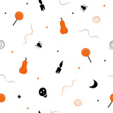 Fototapeta  - halloween patten seamless. On  white background pumpkin, lollipop, spider, skull. Stylish ornament in minimalistic design. Printing on fabric and paper. Vector illustration, hand-drawn