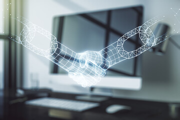 Poster - Creative concept of blockchain technology with handshake on modern laptop background. digital money transfers and decentralization concept. Multiexposure