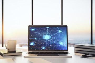 Poster - Creative idea concept with lock symbol and microcircuit illustration on modern laptop screen. Protection and firewall concept. 3D Rendering
