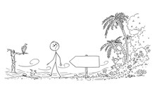 Person Leaving Paradise And Entering Desert, Vector Cartoon Stick Figure Illustration