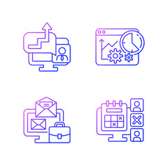 Sticker - Work trackers gradient linear vector icons set. Time management strategy. Business monitoring tools. Thin line contour symbols bundle. Isolated vector outline illustrations collection