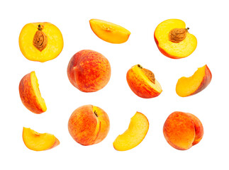 Wall Mural - Fresh ripe juicy peaches isolated on white background. Whole and halved peaches with pits, set of different peaches. Summer fruit, organic vegan healthy food. Harvest concept