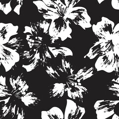 Wall Mural - Black and White Floral Brush strokes Seamless Pattern Background