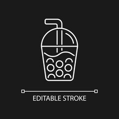 Sticker - Bubble tea white linear icon for dark theme. Black tea with milk, ice and chewy tapioca pearls. Thin line customizable illustration. Isolated vector contour symbol for night mode. Editable stroke