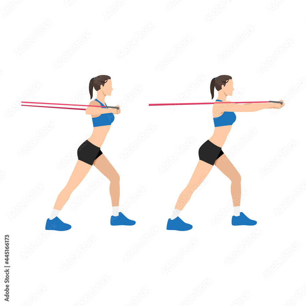 Woman doing Resistance band chest press exercise. Flat vector ...