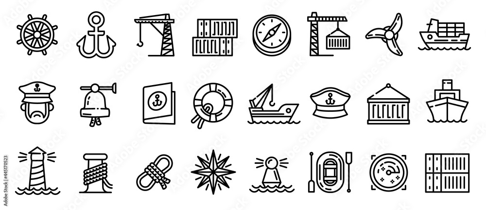 Marine port icons set. Outline set of marine port vector icons for web design isolated on white background - obrazy, fototapety, plakaty 