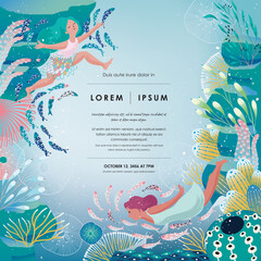  Vector illustration of a frame template design with women swimming in a mysterious underwater world with various creatures. A cheerful and cool image for the summer season.  