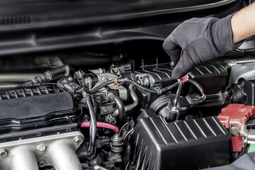 Wall Mural - Hand a man use screw driver remove cover air filter of car in the engine room