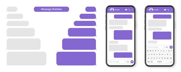Realistic smartphone with messaging app. Blank SMS text frame. Conversation chat screen with violet message bubbles. Social media application. Vector illustration.