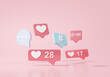Bubble chat icon notification Floating or comment Social media concept, with show chat, message, add, mail, hashtags, Advertisement on pink background, banner, 3d rendering