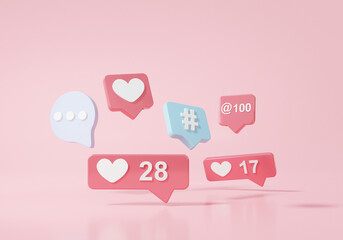 Poster - Bubble chat icon notification Floating or comment Social media concept, with show chat, message, add, mail, hashtags, Advertisement on pink background, banner, 3d rendering