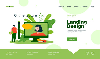 Tiny man with giant pencil watching online lecture. Cartoon character looking at teacher on screen flat vector illustration. Online education concept for banner, website design or landing web page