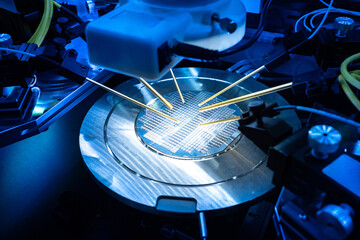 Poster - PCB production. Close up of examining of test sample of microchip transistor under microscope in laboratory. Modern manufacturing of microchips. Automation of production PCB. Testing chips.