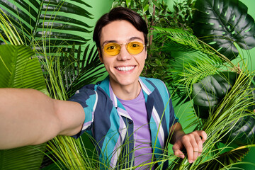 Sticker - Photo of cheerful young happy man wear sunglass make selfie in bushes leaves isolated on green color background