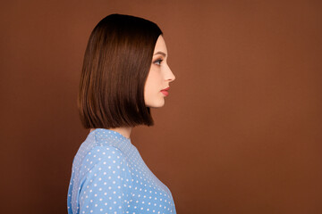 Wall Mural - Profile photo of nice brunette millennial lady look wear dotted shirt isolated on brown color background