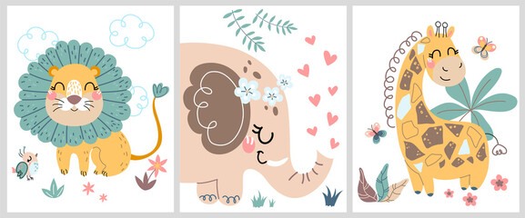 cute hand drawn posters with a little lion, giraffe, elephant vector prints for baby room, baby show