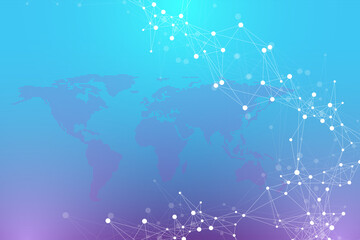 Fototapete - World map global technology networking concept. Digital data visualization. Lines plexus. Big Data background communication. Scientific illustration.