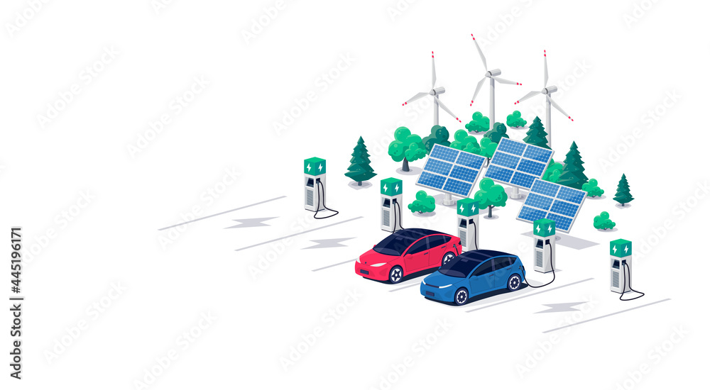 Electric car charging on parking lot area with fast supercharger station and many charger stalls. Vehicle on renewable solar panel wind power station electricity network grid. Flat vector illustration - obrazy, fototapety, plakaty 