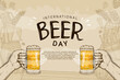 International Beer Day illustration vector design with hand drawn element isolated on soft brown background can be use for party, celebration and festival