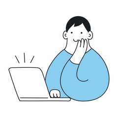 A cute cartoon man is working with a laptop in his workplace. He is leaning his head on his hand, smiling and looking at the display. Joyful workday, success, and seeing how things work out.