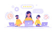 Smiling office operators with headsets characters. Customer service, hotline operators, technical  global support, customer support department staff. Modern vector illustration.