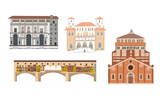 Fototapeta Londyn - Gallery and Church, famous Bridge, villa, museums of Italy - Rome, Milan and Florence. Colorful illustration.