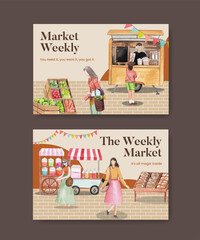 Facebook template with weekend market concept,watercolor style