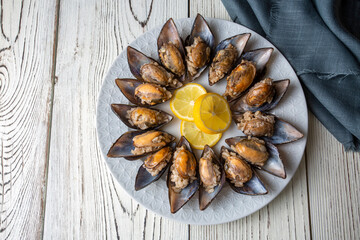 Wall Mural - Turkish Street Food Stuffed Mussels with Lemon - Midye Dolma