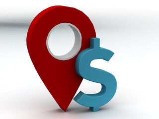 Fototapete - Books Map pointer with dollar, 3D rendering with position marker isolated . 3d illustration