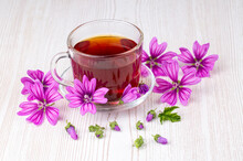 Mallow Herb (Malva Vulgaris) Mallow Flower Tea In Cup.