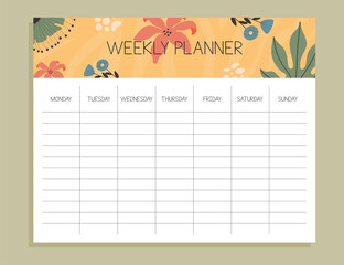 Wall Mural - Tropical weekly planner concept. with hand drawn illustrations.
