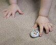 michigan Baby kid child toddler finds grabs petoskey stone on beach summer lake michigan vacation
