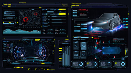 Fototapete - Virtual reality. Futuristic VR head-up display design. Sci-Fi helmet. Concept for driver assistance systems. Autonomous adas car. Car auto service, diagnostic auto. App in the style of HUD, GUI, FUI.