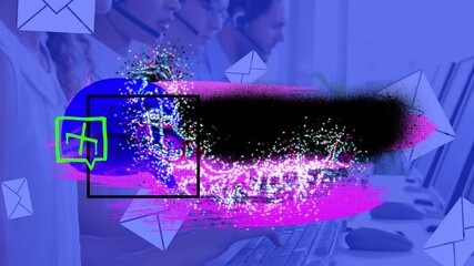 Poster - Animation of colorful shapes and icons over business people wearing headsets